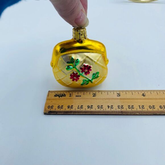 Vintage Gold Mercury Glass Christmas Ornament Clutch Purse Wallet w/ Red Flowers - Picture 5 of 7
